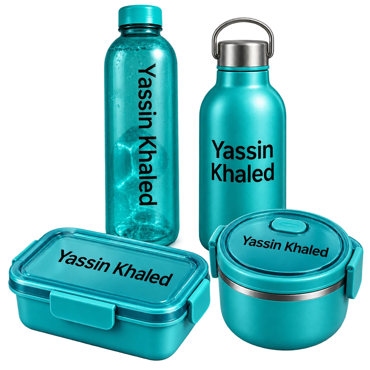 Waterproof name labels on a water bottle, flask, lunchbox and food container