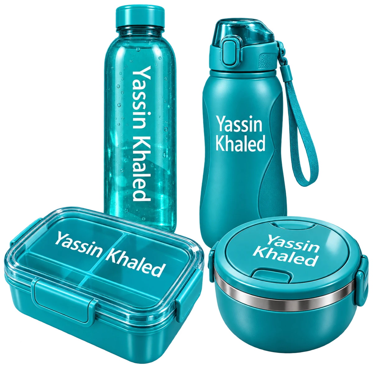 Large waterproof name labels printed in white on teal bottles and containers
